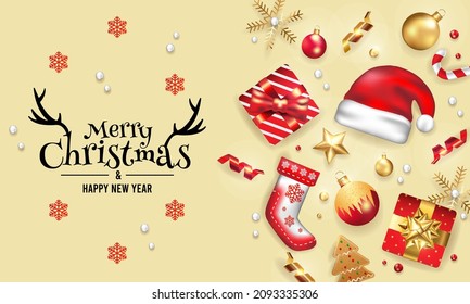 Merry christmas and happy new year realistic background with presents and ornaments Free Vector