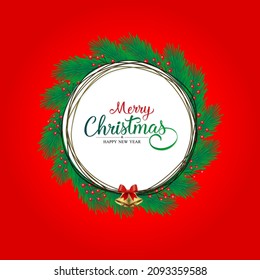 Merry Christmas and Happy New Year border or frame with Christmas fir on red Background,vector illustration