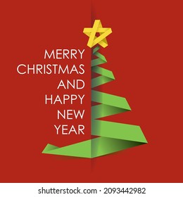 Merry christmas and happy new year red greeting card in paper art banner template. Use for header website, cover, flyer. christmas tree