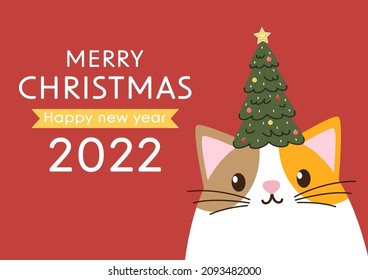 Merry Christmas and happy new year 2022 greeting card. Collection of Christmas cats, Merry Christmas illustrations of cute cats.