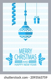 Merry Christmas and happy New Year greeting poster. Confetti and star shaped toys, decoration of home xmas symbols. Paper card decorated by leaves with berries, lines. Simple congratulation postcard