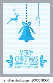 Merry Christmas and happy New Year greeting poster. Confetti and star shaped toys, decoration of home xmas symbols. Paper card decorated by leaves with berries, lines. Simple congratulation postcard