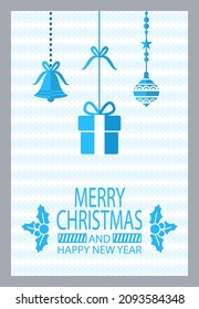 Merry Christmas and happy New Year greeting poster. Confetti and star shaped toys, decoration of home xmas symbols. Paper card decorated by leaves with berries, lines. Simple congratulation postcard