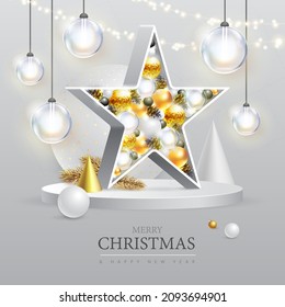 Merry Christmas and happy New Year poster with christmas holiday decorations. Christmas holiday background. Vector illustration