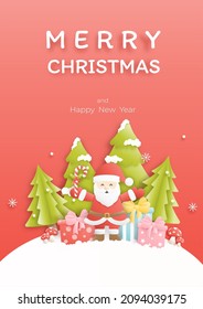 Merry Christmas and happy new year banner background with pine tree, snowman, gift box, Santa Clause. Paper art vector illustration