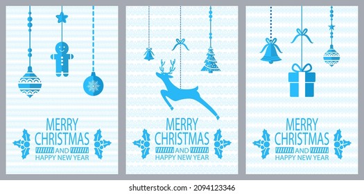 Merry Christmas and happy New Year greeting poster. Confetti and star shaped toys, decoration of home xmas symbols. Paper card decorated by leaves with berries, lines. Simple congratulation postcard