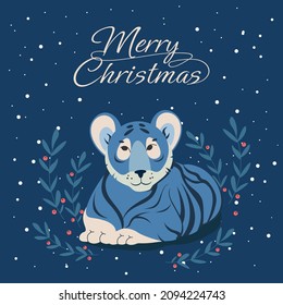 Merry Christmas and happy new year 2022. The year of tiger. Holidays cartoon character. Vector greeting card