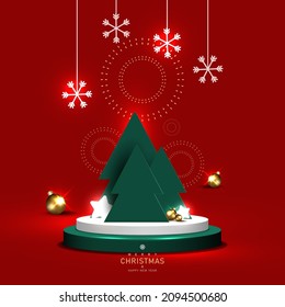 Merry Christmas and Happy new year. Red background with elements for Christmas and festive. Product display concept. Vector illustration.