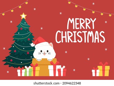 Merry Christmas and happy new year 2022 greeting card. Collection of Christmas cats, Merry Christmas illustrations of cute cats.