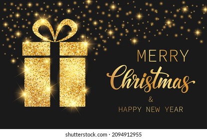 Merry Christmas and Happy New Year. Gold Bright shiny gift box on a black background. Vector illustration for your design.