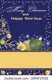 Merry Christmas and Happy New Year digital vector illustration. Abstract gold pattern. Christmas tree branch, balls, gifts, snowflakes. Postcard for writing congratulations and wishes. Sample. Print. 