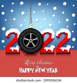 Merry Christmas and Happy New Year. Number 2022 and car wheel as a Christmas decorations hanging on strings amid falling snow on a mirror surface. Pattern for greeting card. Vector illustration