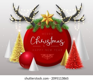 Merry Christmas and happy New Year poster with christmas holiday decorations. Christmas holiday background. Vector illustration