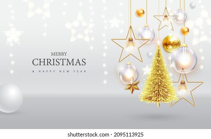 Merry Christmas and happy New Year poster with christmas holiday decorations. Christmas holiday background. Vector illustration