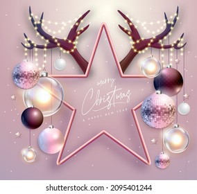 Merry Christmas and happy New Year poster with christmas holiday decorations. Christmas holiday background. Star shape with horns. Vector illustration