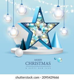 Merry Christmas and happy New Year poster with christmas holiday decorations. Christmas holiday background. Vector illustration