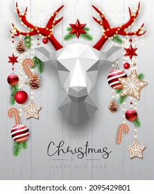 Merry Christmas and happy New Year poster with christmas holiday decorations. Paper deer head. Christmas holiday background. Vector illustration