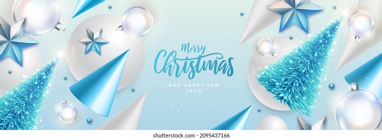 Merry Christmas and happy New Year poster with christmas holiday decorations. Christmas holiday background. Vector illustration