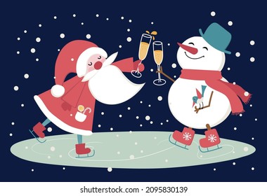 Feliz Navidad y Feliz Año Nuevo. Santa Claus y un muñeco de nieve patinan sobre hielo. Diseño de tarjetas de invierno de Navidad y Año Nuevo en un fondo oscuro.