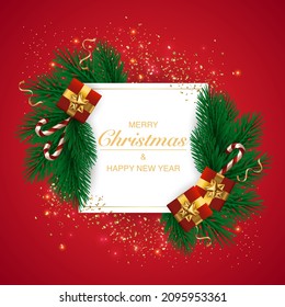 Merry Christmas and Happy New Year. Vector illustration for winter holiday. December. Flying golden confetti. Golden luxury product label. Web banner, poster, postcard. Modern design 
