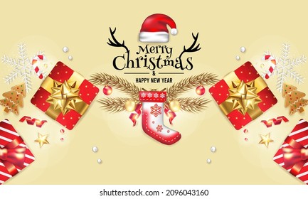 Merry christmas and happy new year background with red presents and ornaments Free Vector