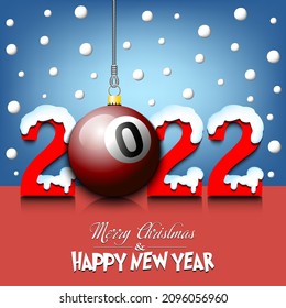 Merry Christmas and Happy New Year. Number 2022 and billiard ball as a Christmas decorations hanging on strings amid falling snow on a mirror surface. Pattern for greeting card. Vector illustration