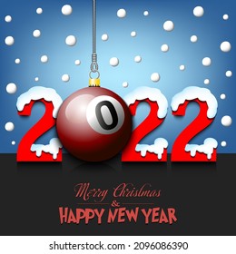 Merry Christmas and Happy New Year. Number 2022 and billiard ball as a Christmas decorations hanging on strings amid falling snow on a mirror surface. Pattern for greeting card. Vector illustration