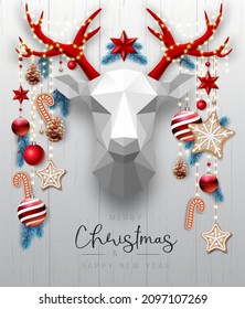 Merry Christmas and happy New Year poster with christmas holiday decorations. Paper deer head. Christmas holiday background. Vector illustration