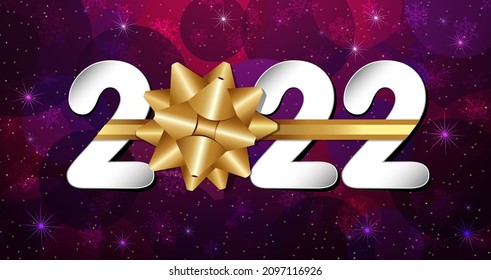 Merry Christmas and A Happy New Year 2022 congrats. Paper digits as a gift. Purple and blue colours. Abstract isolated graphic design template. Beautiful horizontal bg. Xmas eve decor. Creative idea.