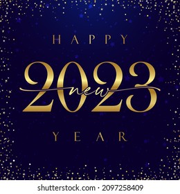 Merry Christmas and A Happy New Year 2023 square golden congrats. Decorative text. Shiny snowy bg. Abstract isolated graphic design template. 20 23 digits with gold gradient. Beautiful creative idea.