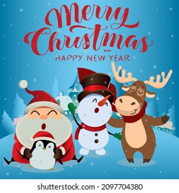 merry christmas and happy new year. Santa and snowman.