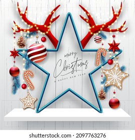 Merry Christmas and happy New Year poster with christmas holiday decorations. Christmas holiday background. Star shape with horns. Vector illustration