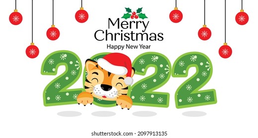 Merry Christmas and happy new year greeting card with cute tiger.
