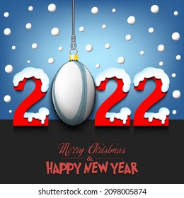 Merry Christmas and Happy New Year. Number 2022 and rugby ball as a Christmas decorations hanging on strings amid falling snow on a mirror surface. Pattern for greeting card. Vector illustration