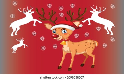Merry Christmas and Happy New Year. Santa Claus's reindeer with a sack of gifts in Christmas snow scene. Vector illustration Greeting card poster