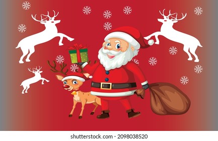 Merry Christmas and Happy New Year. Santa Claus's reindeer with a sack of gifts in Christmas snow scene. Vector illustration Greeting card poster