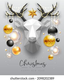 Merry Christmas and happy New Year poster with christmas holiday decorations. Paper deer head. Christmas holiday background. Vector illustration