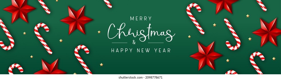 Merry Christmas and happy New Year poster with candy cane and christmas holiday decorations. Christmas holiday background. Vector illustration