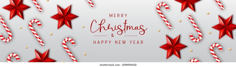 Merry Christmas and happy New Year poster with candy cane and christmas holiday decorations. Christmas holiday background. Vector illustration