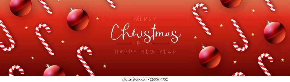 Merry Christmas and happy New Year poster with candy cane and christmas holiday decorations. Christmas holiday background. Vector illustration