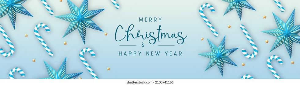 Merry Christmas and happy New Year poster with candy cane and christmas holiday decorations. Christmas holiday background. Vector illustration