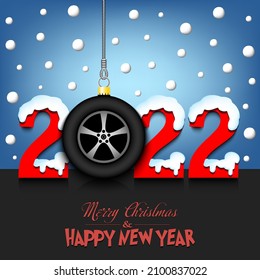 Merry Christmas and Happy New Year. Number 2022 and car wheel as a Christmas decorations hanging on strings amid falling snow on a mirror surface. Pattern for greeting card. Vector illustration