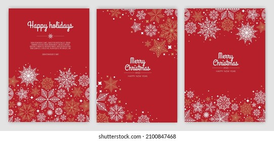 Merry Christmas and Happy New Year Set of greeting cards, posters, holiday covers. Xmas Design with beautiful snowflakes in modern line art style.