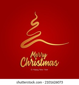 Merry Christmas and Happy New Year lettering vector illustration with Christmas Tree on red background paper art dark style with golden elemens