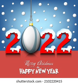 Merry Christmas and Happy New Year. Number 2022 and rugby ball as a Christmas decorations hanging on strings amid falling snow on a mirror surface. Pattern for greeting card. Vector illustration