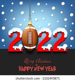 Merry Christmas and Happy New Year. Number 2022 and football ball as a Christmas decorations hanging on strings amid falling snow on a mirror surface. Pattern for greeting card. Vector illustration