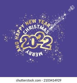 Merry Christmas Happy New Year 2022 stardust sparkle firework greeting card gold white purple vector