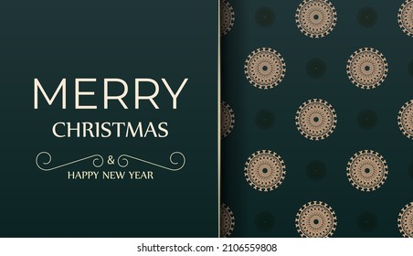 Merry Christmas and Happy New Year greeting flyer template in dark green color with vintage yellow pattern