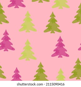 Merry Christmas, Happy New Year seamless pattern with Christmas trees for greeting cards, wrapping paper.  Doodles. Seamless colorful winter pattern on black background. Vector illustration.