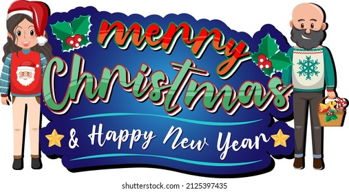 Merry Christmas and Happy New Year banner with a couple illustration